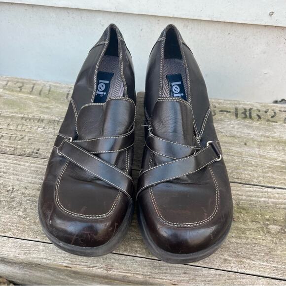 Vintage 90s Y2K LEI Brown Chunky Platform Clogs Faux Strap - Picture 2 of 9